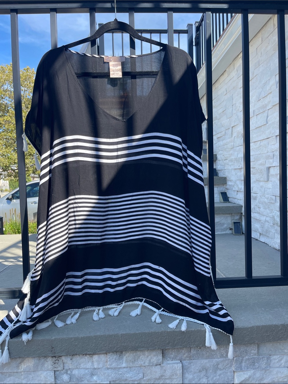 Black & White Striped V-Neck Tassel Swim Coverup